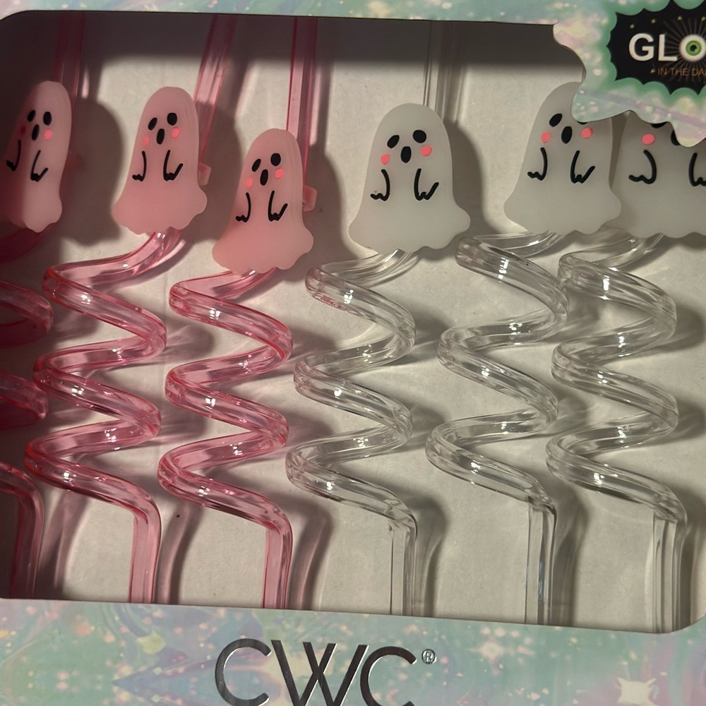 CWC Glow in the Dark Halloween Ghost Reusable Straw Set - Pink and Clear